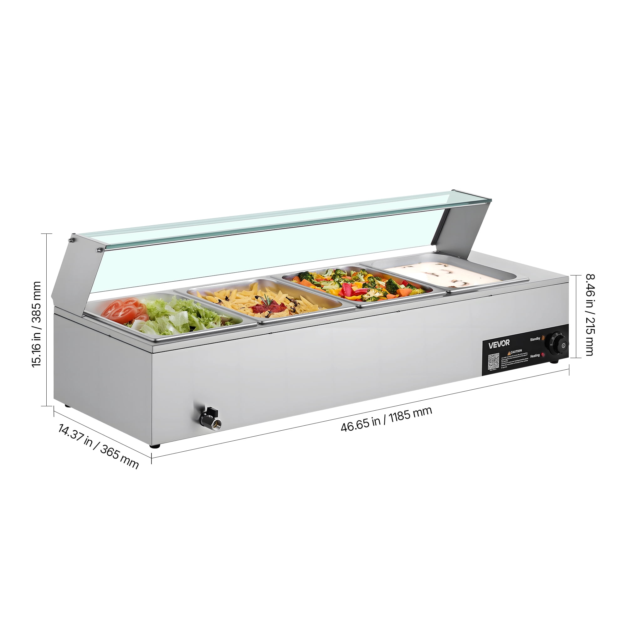VEVOR Commercial Food Warmer, 1500W Electric Stainless Steel Steam Food Warmer with Glass Cover, 4-Pan Countertop Buffet Bain Marie with Soup & Perforated Ladles, for Catering, Restaurant & Party