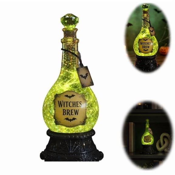 Halloween Glitter Globe Lamp, Lighted Witches’ Brew Poison Bottle Decor, Gothic Apothecary Tabletop Decor, Resin Halloween Decoration for Shelf Mantel