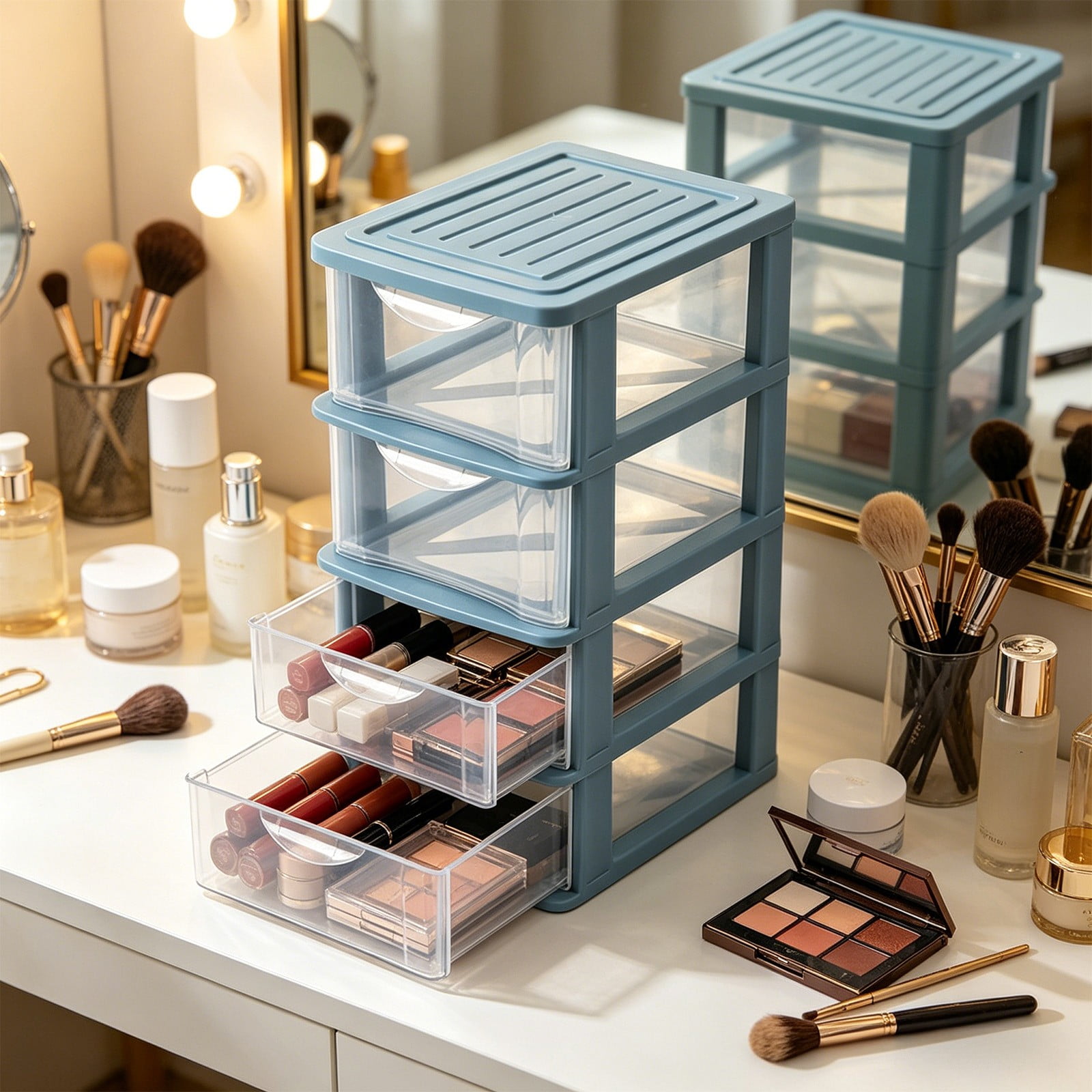 Drawer Desktop Storage Box Transparent Dust-Free Cosmetic Organizer Multi-Layer Stationery Storage Container for Home Office Dorm Desk Compact Drawer Organizer for Small Accessories Office Supplies