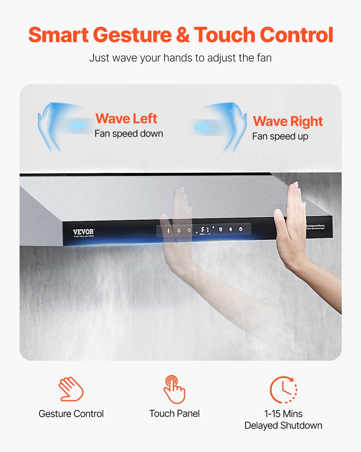 VEVOR Under Cabinet Range Hood, 30 Inch Kitchen Vent Hood, 900CFM Dual Motors Stainless Steel Stove Hood, with Gesture & Touch Control, LED Light, and 4-Speed Exhaust Fan