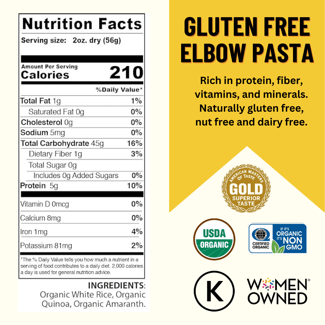 Pasta, Elbows 6/1LB BAGS Certified Gluten Free, USDA Organic & GMO Free,  Wheat & Corn-Free, Made w/3 Ingredients-Mountain High Organics