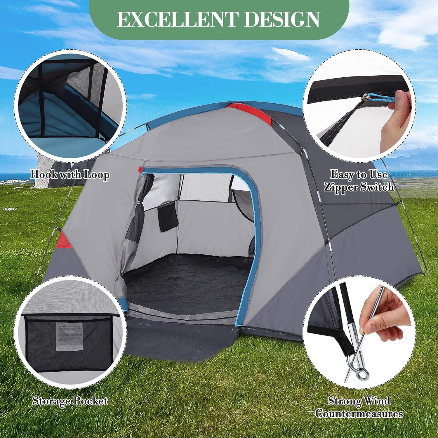 Lumiparty 4-6 Person Tent for Camping, Family Tent with Carry Bag, Easy Set up Instant Tents for Hiking Backpacking Traveling Outdoor, Gray & Blue