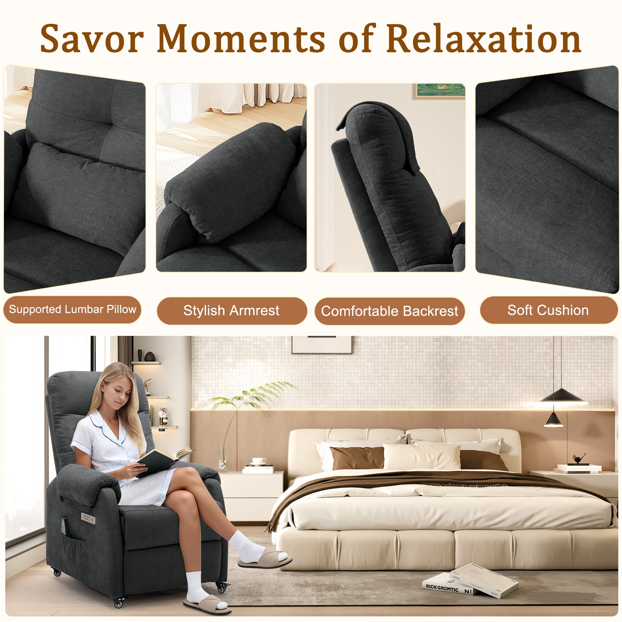 Korser Power Small Recliner Chair for Small Spaces with Wheels and USB Ports for Living Room,Dark Gray