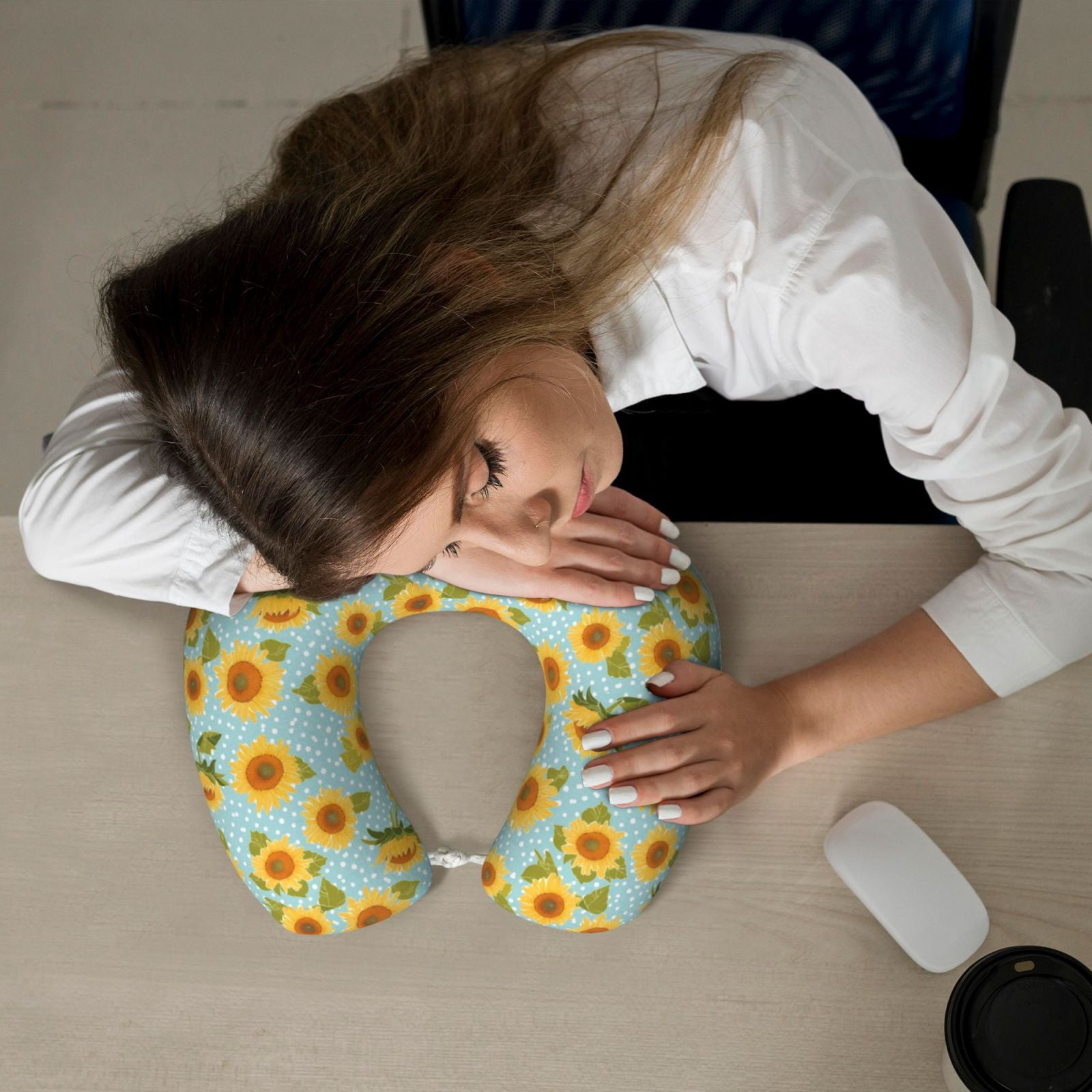 Xecao White Polka Dot Sunflower A Print Memory Foam Cervical Neck Pillow Versatile U-Shaped Pillows for Home,Office,Camping,Travelling,Soft Washable Cover