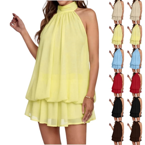 Hilenly Women's Halter Drop Waist Chiffon Dresses Summer Backless Mini Dress Wedding Guest Dress