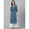 thumbnail image 3 of Janasya Indian Women's Teal Cotton Floral Block Print Straight Kurta, 3 of 8
