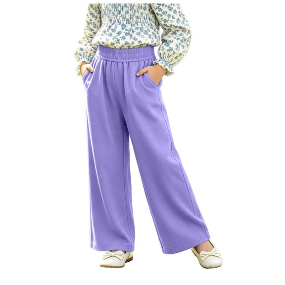 Girls Relaxed Fit Wide Leg Pants High Elastic Waist Loose Trousers Casual Daily Wear Bottoms for Teen 1-7Y