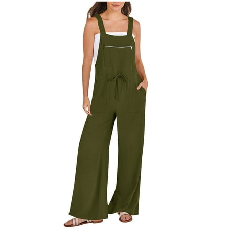 Fsqjgq Jumpsuits for Women Plus Size Rompers Bodysuit One Piece Romper for Women Summer Boho Casual Loose Jumpsuits Wide Leg Long Pant Bib Overalls Floral Print Sleeveless Baggy Rompers with Pocke
