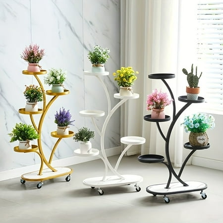 "5-Tier Metal Rolling Stand - 4-Wheel Mobility with Marble Base - White/Gold/Black for Indoor/Outdoor Use
