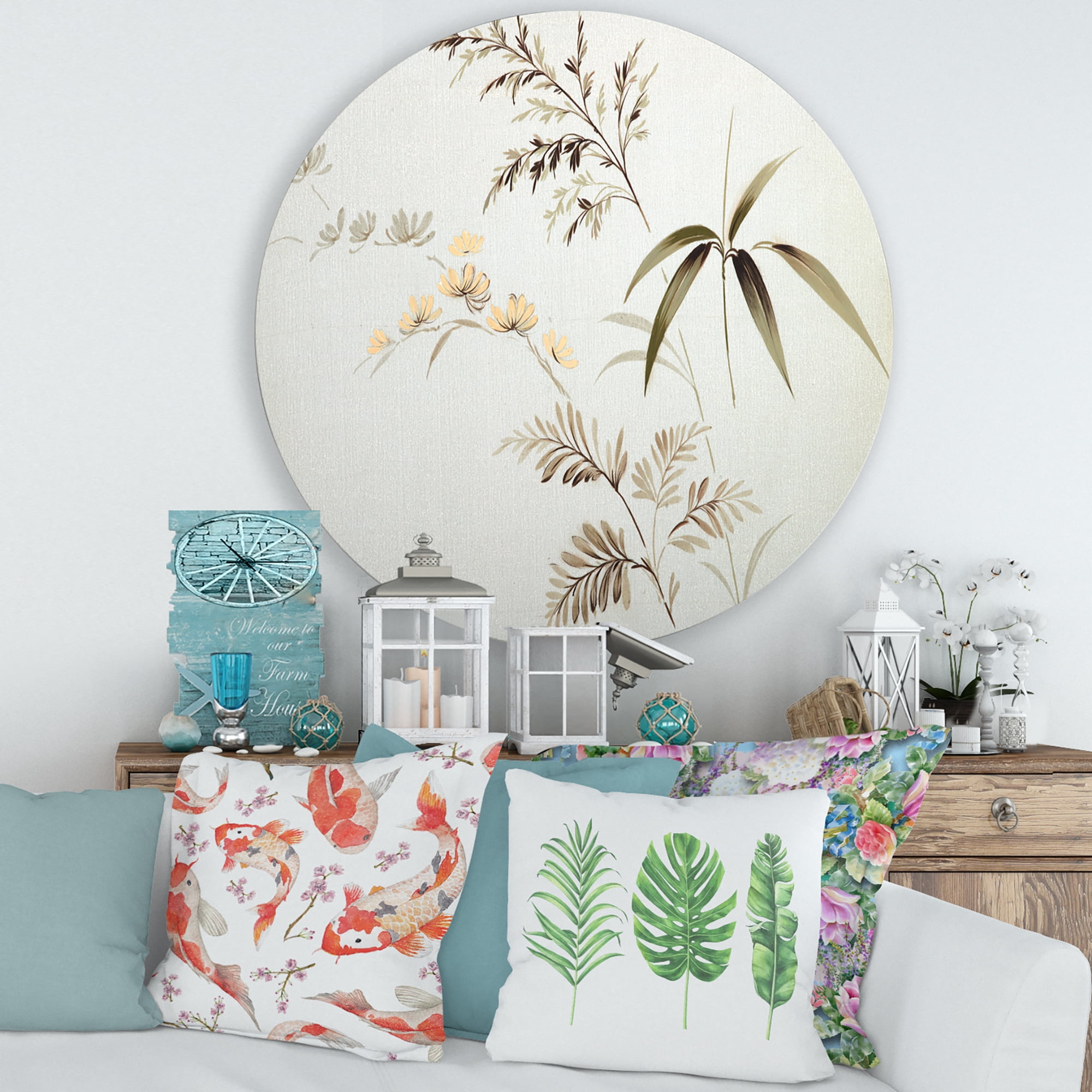 Designart 'Abstract Retro Drawing of Flowers III' Vintage Circle Metal Wall Art 36x36 - Disc of 36