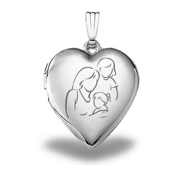 Sterling Silver "Mom with Two Daughters" Heart Locket - 3/4 inch X 3/4 inch