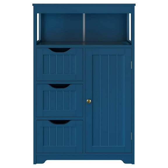 Wood Bathroom Floor Cabinet, Free Standing Storage Cabinet with 3 Drawers and Cupboard for Hallway/Entryway/Living Room Accent Furniture, Navy Blue