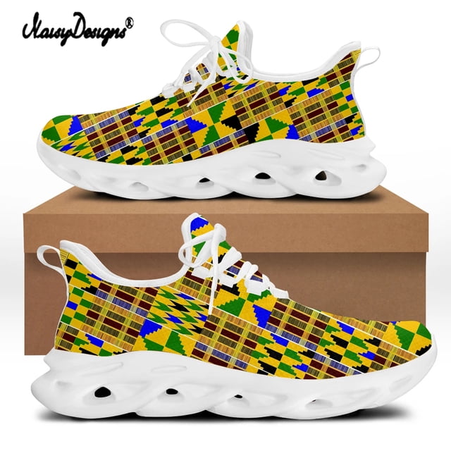 Zapatillas Noisydesigns unisex de malla con suela blanca y negra, informales, clásicas, con estampado africano kente, suela gruesa,
