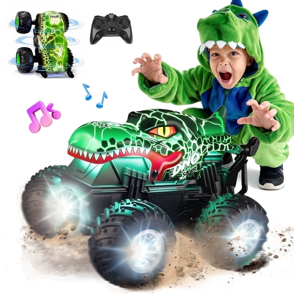 YCFUN RC Monster Truck Toy for Boys with 360° Spins, Music and LED Car Shell & Wheels, Dinosaur Toy RC Car for Kids Boys Ages 3 (Green)