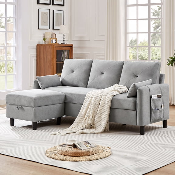 Jarenie Convertible Sectional Sofa, Small L Shaped 3-Seat Couch with Reversible Chaise, Modern Linen Sofas Couches for Living Room, Apartment and Small Space