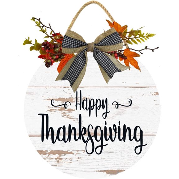 Eveokoki 12" Happy Thanksgiving Sign Plaque Front Door Decoration Vintage Hello Wooden for Home Wedding Gift Round Wood Sign Decorating for Indoor & Outdoor Use