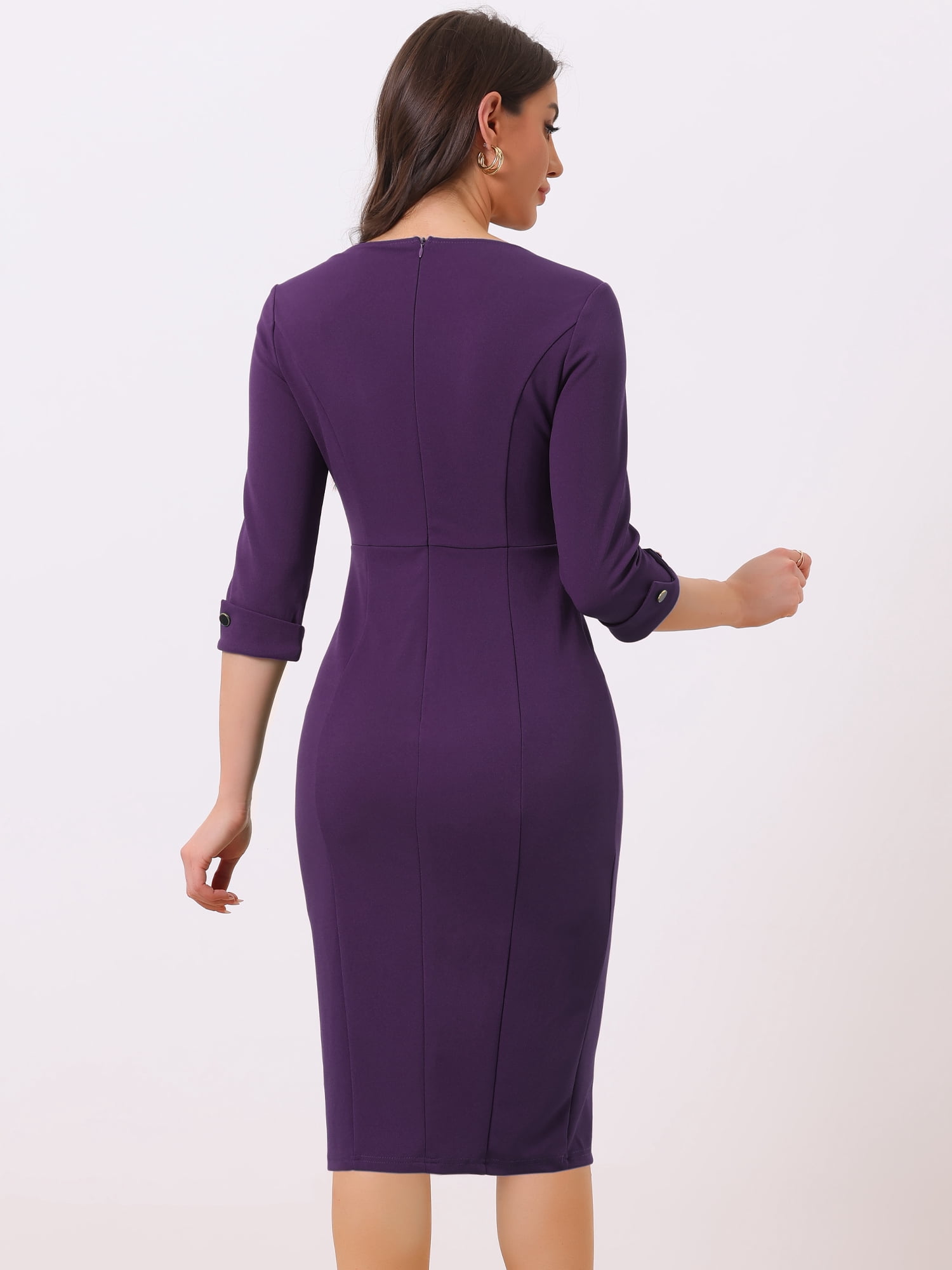 DARING DIVA Elegant Boat Neck 3/4 Sleeves Midi Split Sheath Dress L Purple