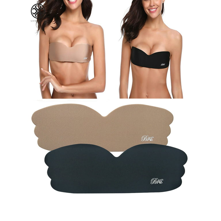 Luxtrada Women Silicone Self Adhesive Invisible Bra Breast Lift Up  Strapless Backless Push Up Bra Black+Skin, A-B Cup
