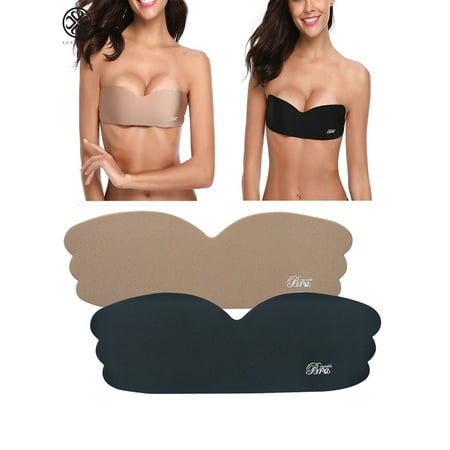 Luxtrada Women Silicone Self Adhesive Invisible Bra Breast Lift Up Strapless Backless Push Up Bra  Black+Skin  A-B Cup