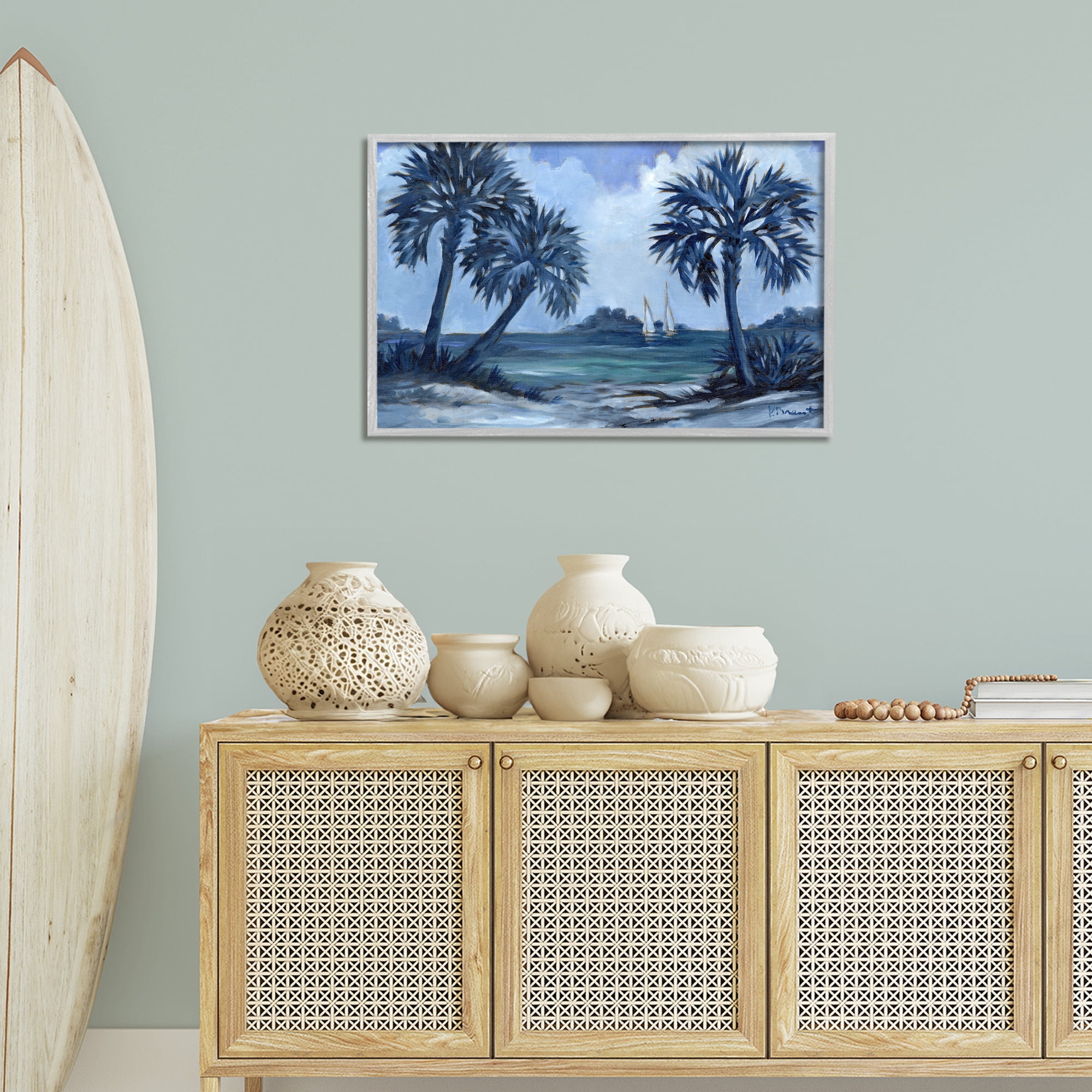 Stupell Industries Indigo Palms Impressions Landscape Painting Gray Framed Art Print Wall Art, 30 x 20
