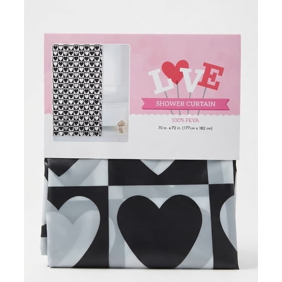 LOVE BATH SHOWER CURTAIN - BLACK WHITE HEART - BATH PEVA VINYL 70 x 72