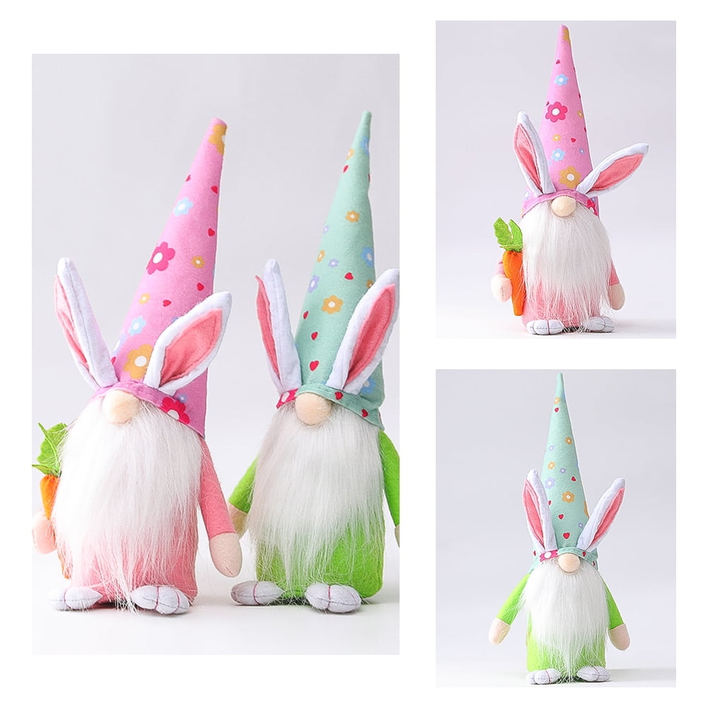 Kepooman 2 Pcs Kids 13" Long Hat Faceless Bunny Doll for Decor Gifts, Pink + Green