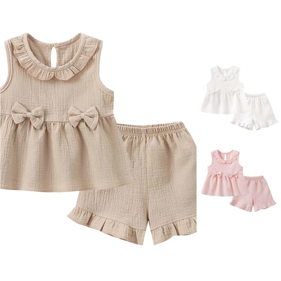 Bigetiay Bow Tie Girls Tank Top with Floral Lace Casual Summer Outfit for Toddler And Kids Set, Size 18-24 Months
