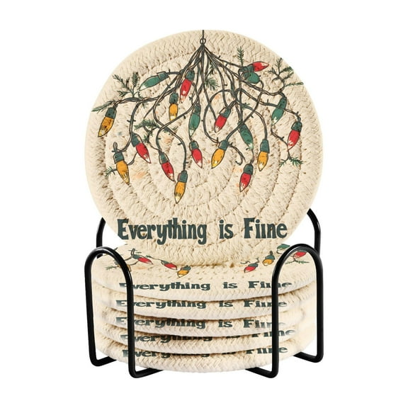Yayeee 6 PCS Drink Coasters with Holder Set Woven Absorbent Round Tabletop Hot Pad, Christmas Light