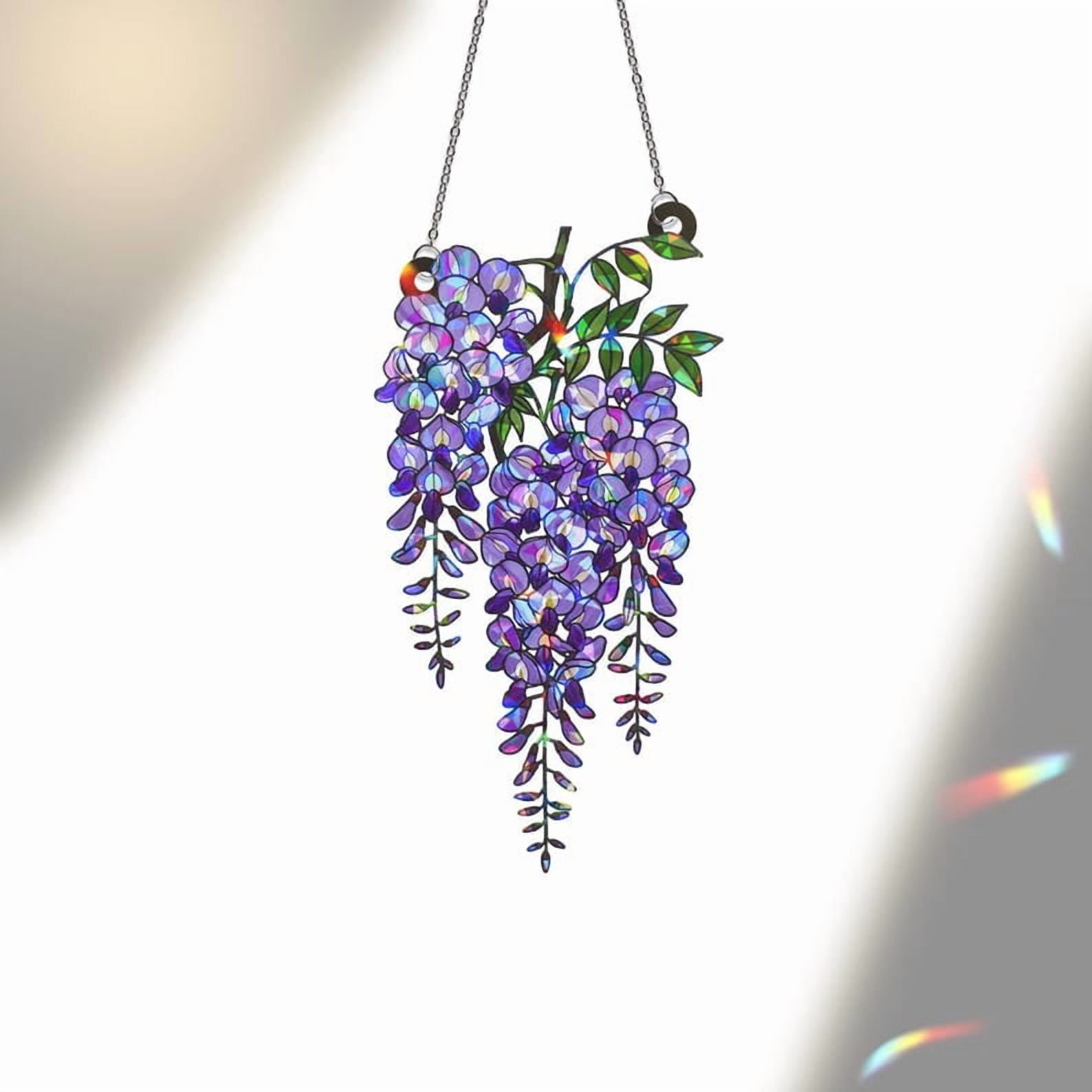ViciArt Purple Wisteria Acrylic Suncatcher – 9" Hanging Window Decor, Stained Glass Style, Holographic Floral Ornament with Chain for Sunlight Prism Effect