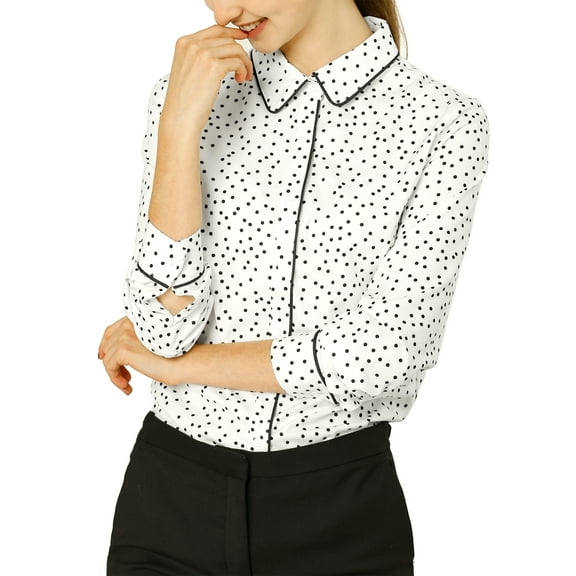 INSPIRE CHIC Women's Printed Long Sleeve Piped Button Down Shirts M White