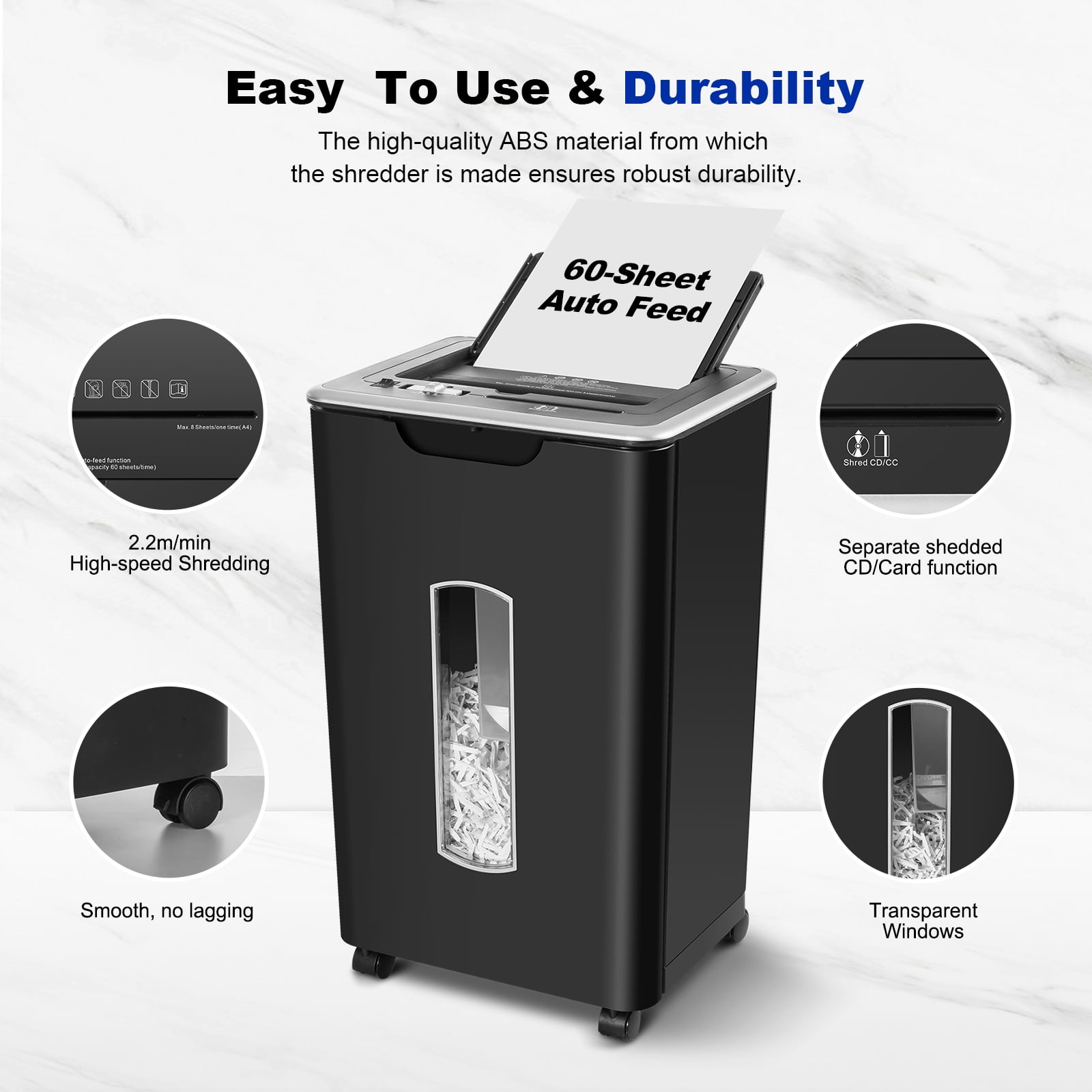 Paper Shredder,  Automatically shreds 60 sheets, 5.8 Gallon Bin, CD/Credit Card Shredder with Dual Modes, Home & Office Use