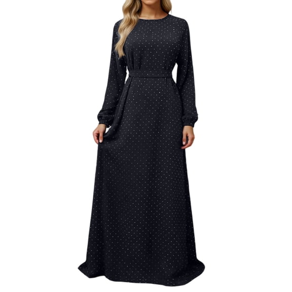 Womens Kaftan Dress Round Neck Long Sleeve Embroidered Beaded Belted Maxi Dress Black