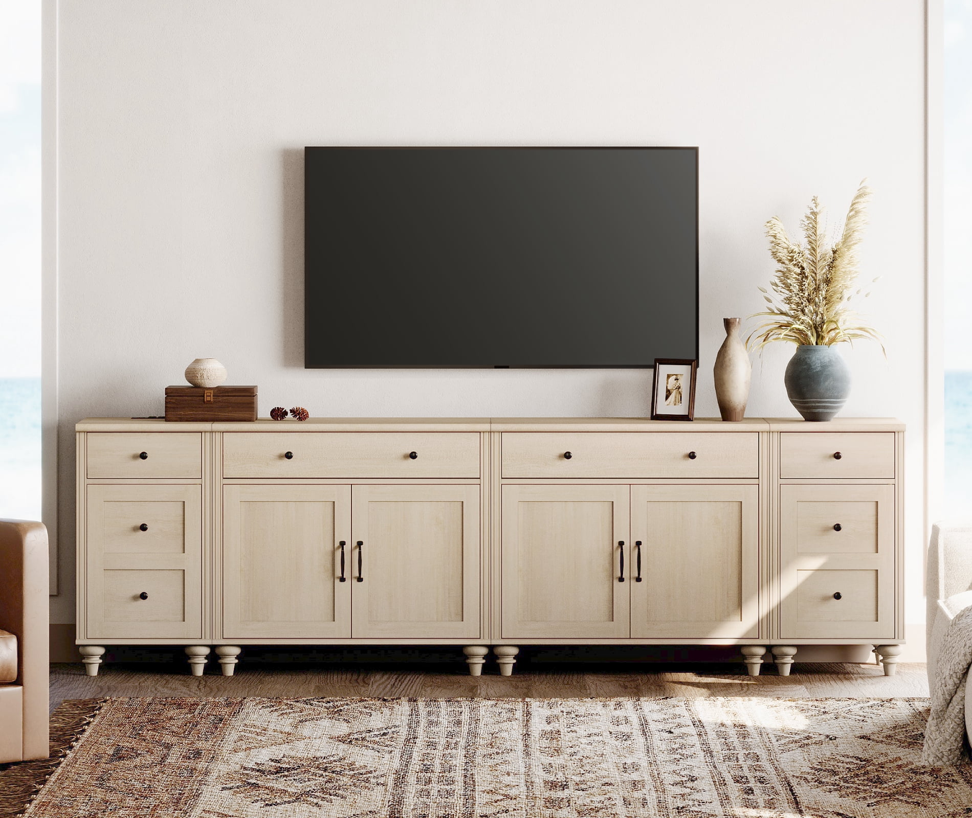 WAMPAT TV Stand for 100 Inch TV, 4-in-1 TV Console Table for 75/80/85/90 Inch TV, Farmhouse Entertainment Center with Charging Station, Kitchen Sideboard Buffet Cabinet for Dining Room, Beige