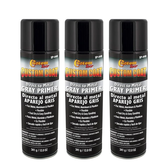 Custom Coat 1K High Build Direct to Metal Primer - 12 Ounce Spray Can - Grey - for Automotive and Industrial Use - Easy Sanding (Pack of 3)