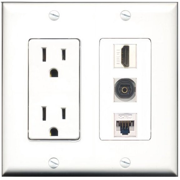 RiteAV - 15 Amp Power Outlet 1 Port HDMI 1 Port Toslink 1 Port Cat5e Ethernet White Decorative Wall Plate