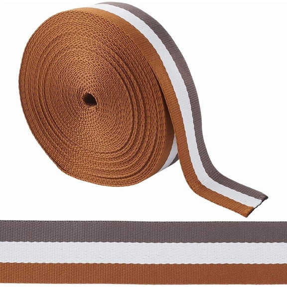 1.5 Inch Wide Striped Nylon Webbing 10 Yards Heavy Duty Webbing Strap White Dark Gray Camel Stripes Backpack Straps Nylon Belt for DIY Sewing Crafts Handles Bag Crossbody Waistbands diy