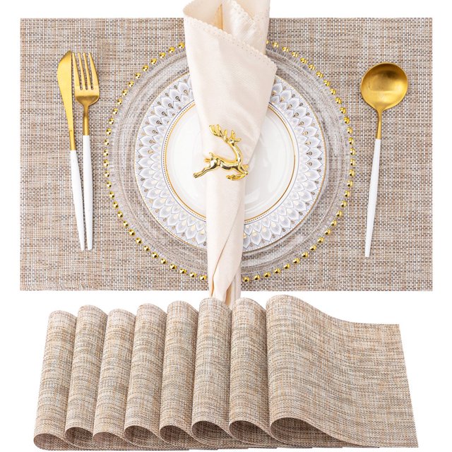 SUTENGDA Ensemble de 8 Napperons Lavables en Vinyle pour Intérieur/extérieur pour Table à Manger, Tissage en PVC Durable (Beige)