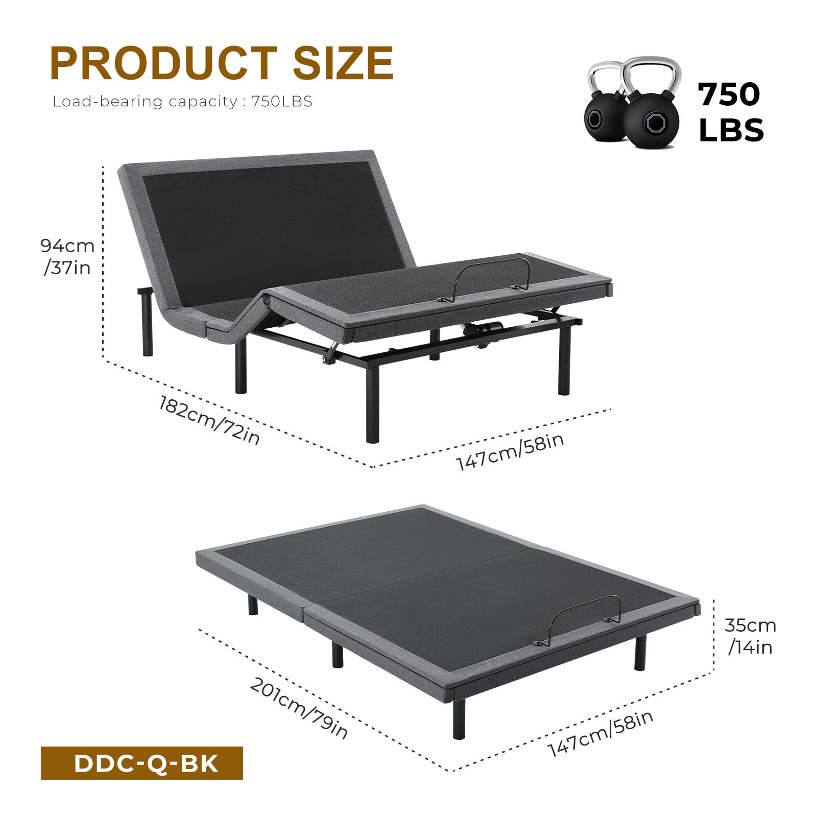 CONCETTA Electric Bed Queen Size, Zero Gravity Bed with Wireless Remote, Ergonomic Adjustable, 2 USB Ports, Black