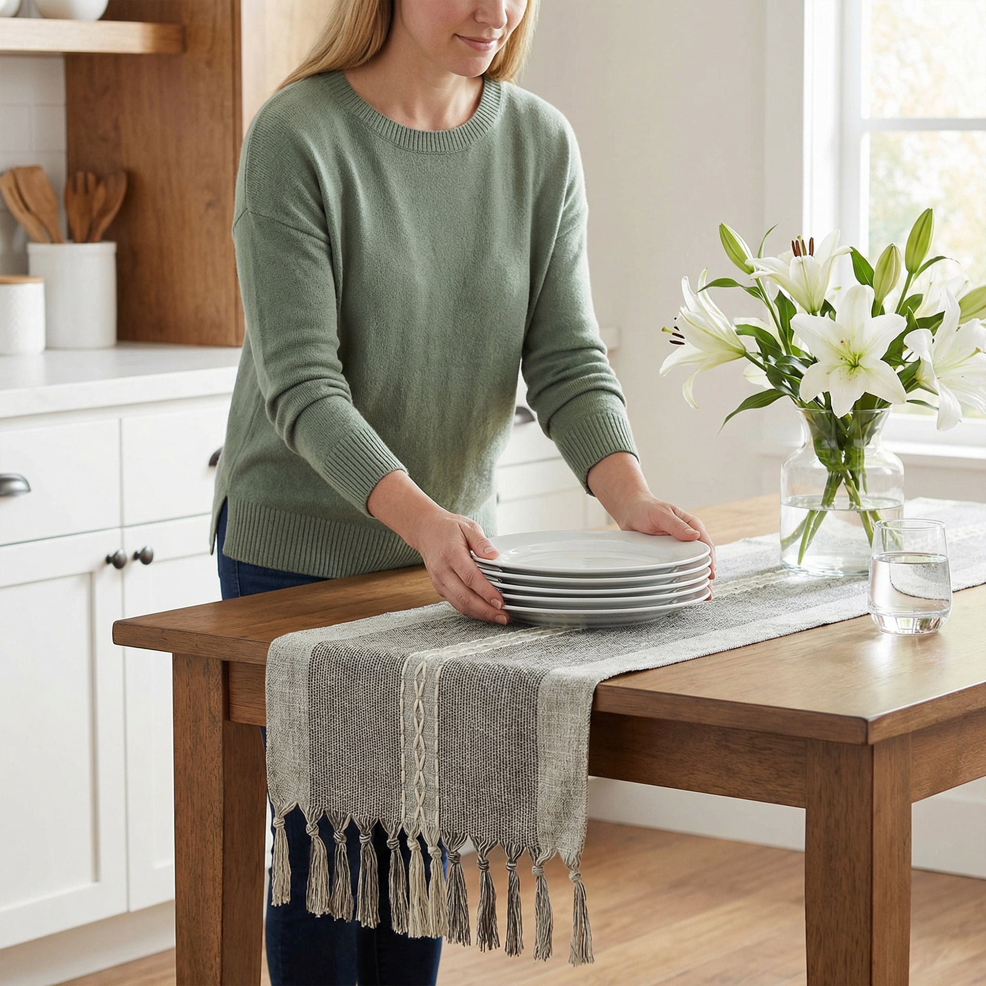 Unique Bargains Home Decorations Tassel Polyester Kitchen Runner Gray 13x72in