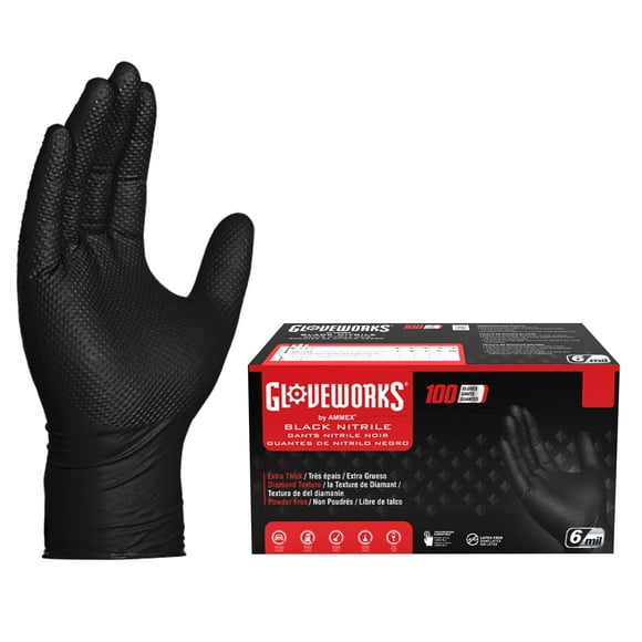 GLOVEWORKS HD Industrial Black Nitrile Gloves - 6 mil, Latex Free, Powder Free, Diamond Texture, Disposable, XLarge, GWBN48100-BX, Box of 100