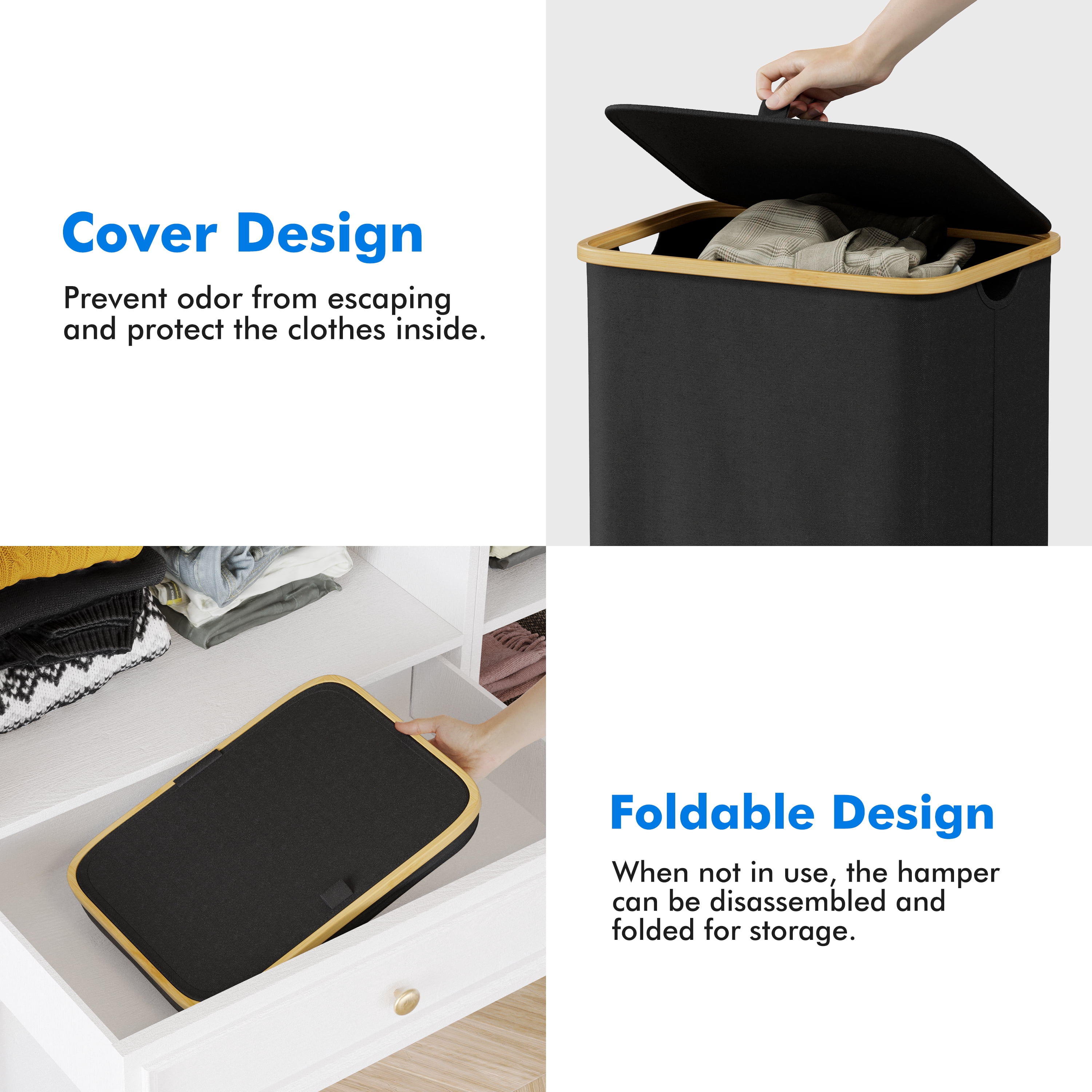 Tooloton 110L Large Laundry Hamper, Foldable, Fabric, Black