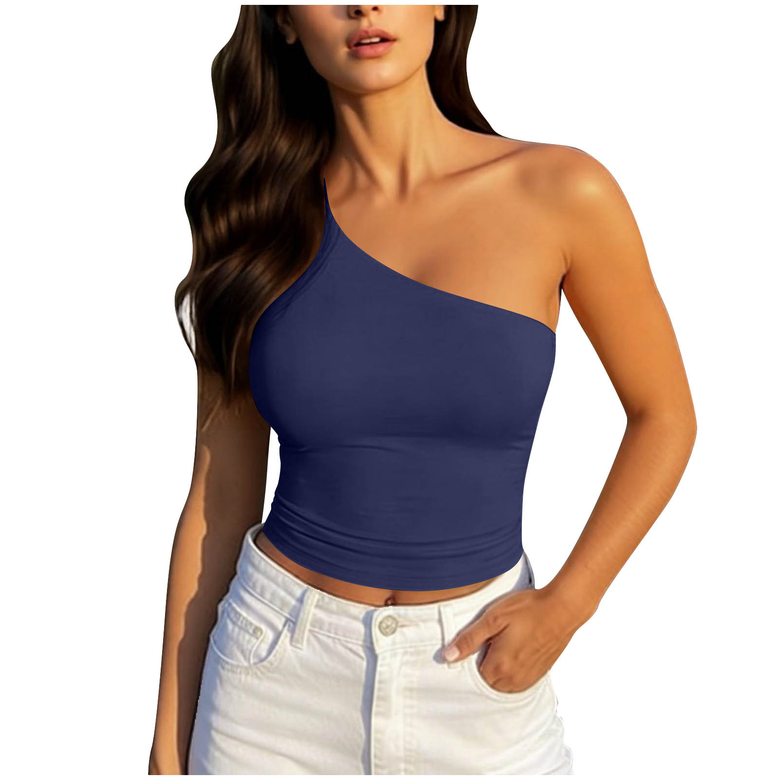 LYEAA One Shoulder Tops for Women Sleeveless Basic Shirts Solid Summer Pullover Tees Lightweight Dressy Going out Clothes