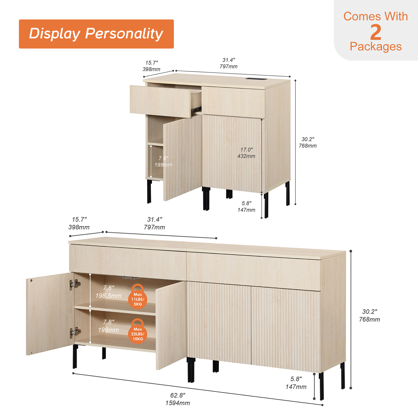 4 Pcs Bedroom Set，Reeded Dresser and Nightstand Sets for Bedroom, Wooden Dresser Set with Doors, Night Stand of 2 with Charging Station