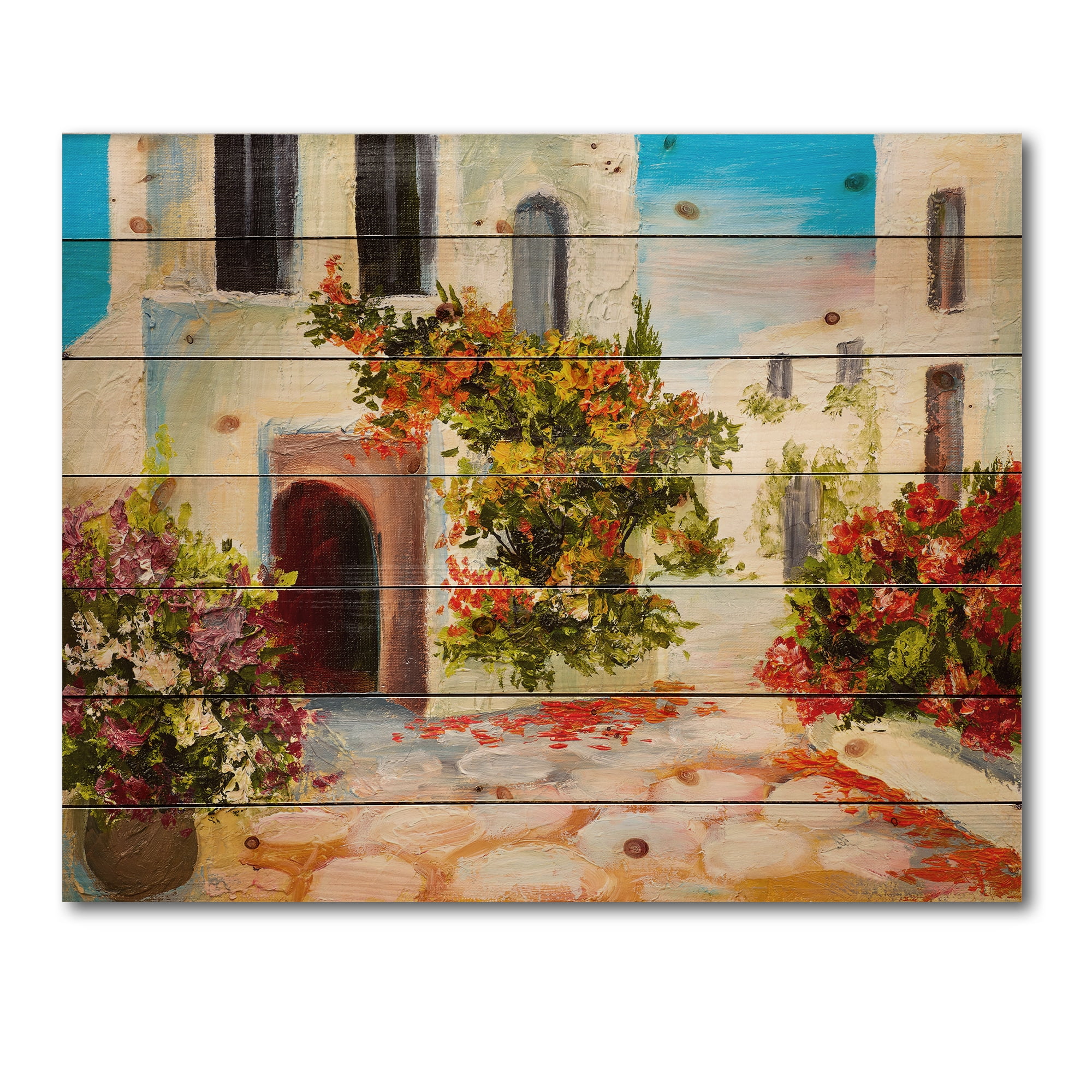 Designart 'The Mountain With Flowers With Little House I' Nautical & Coastal Print on Natural Pine Wood
