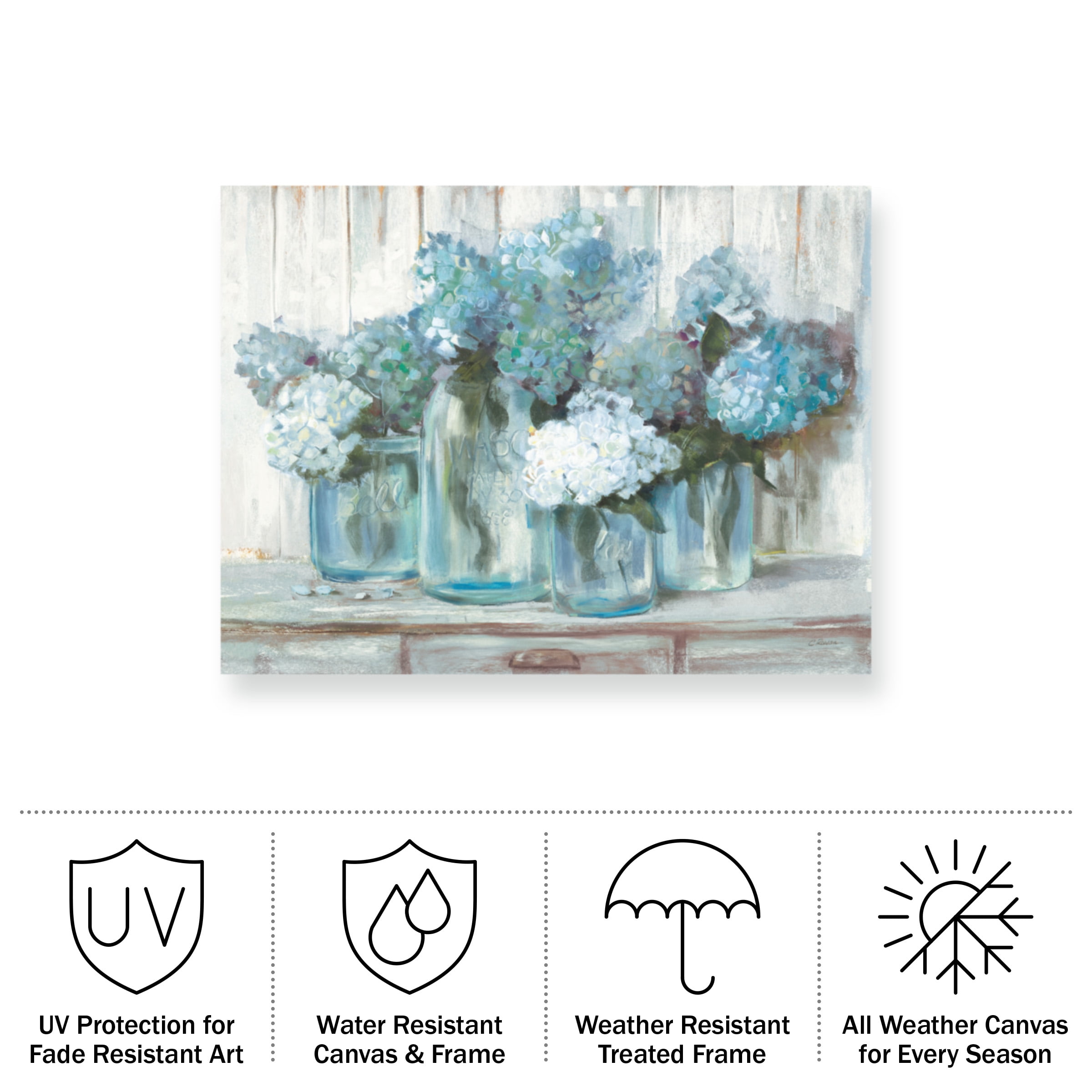 Carol Rowan 'Hydrangeas In Glass Jars Blue' Outdoor All-Weather Wall Decor