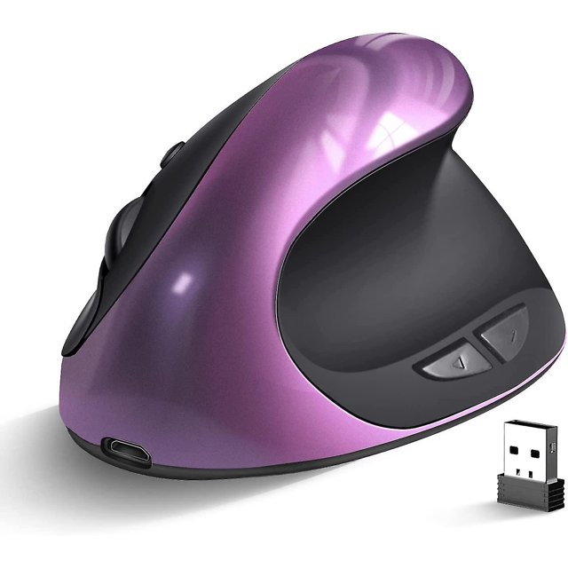 Ratón inalámbrico ergonómico, ratón vertical recargable mano derecha ratón pequeño ajustable 800/1200/1600 Dpi para computadora portátil, púrpura TA