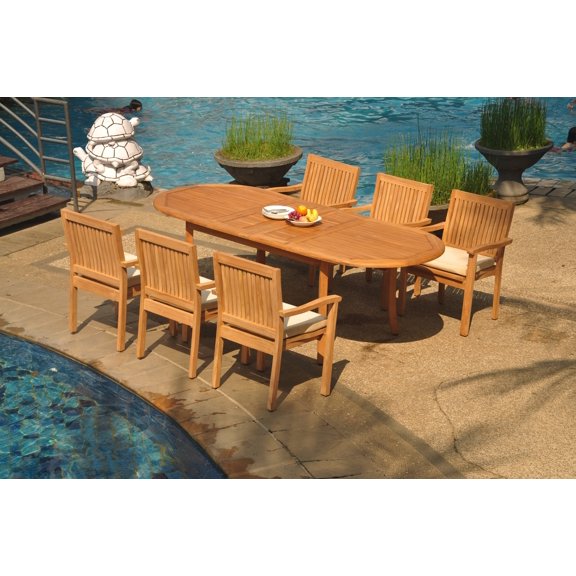Grade-A Teak Dining Set: 6 Seater 7 Pc: 94" Double Extension Oval Table And 6 Leveb Stacking Arm Chairs Outdoor Patio WholesaleTeak #WMDSWVm