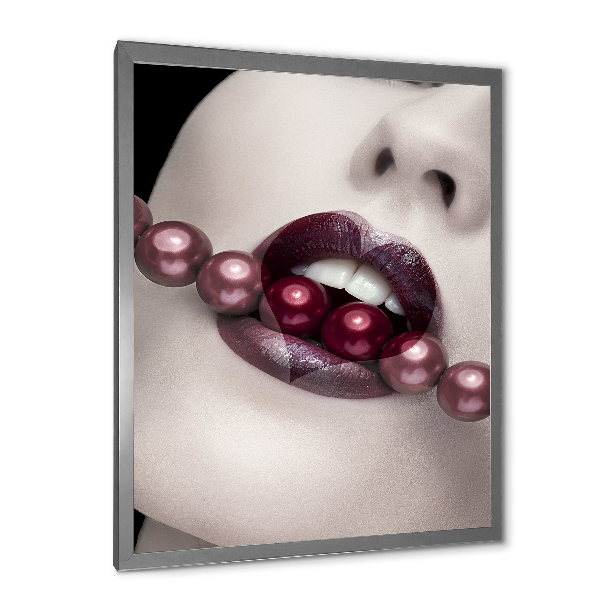 Designart 'Pearls Through Mouth With Heart Shape Lips' Modern Framed Art Print