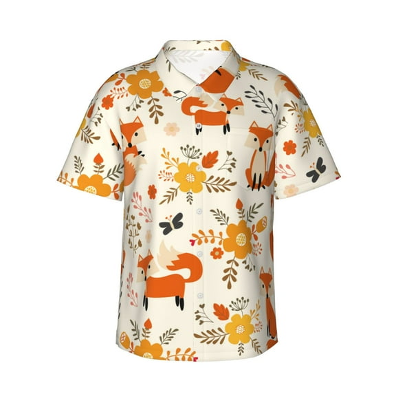 Gukieu Flower Fox Print Men's Short-sleeved Shirts, Button-down Lapel Hawaiian Shirts, T-shirts, Beach Vacation Summer Casual Wear,Small