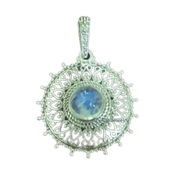 Solid 925 Sterling Silver Pendant For Women Men, Genuine Rainbow Moonstone Round Gemstone Amazing Handcrafted June Birthstone Jewelry